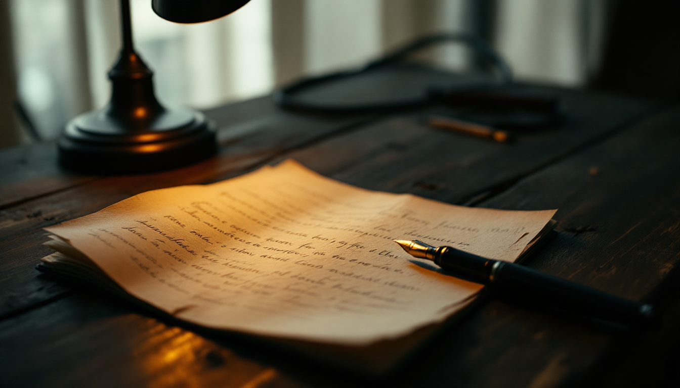 Handwritten letter on dark wooden desk under single lamp